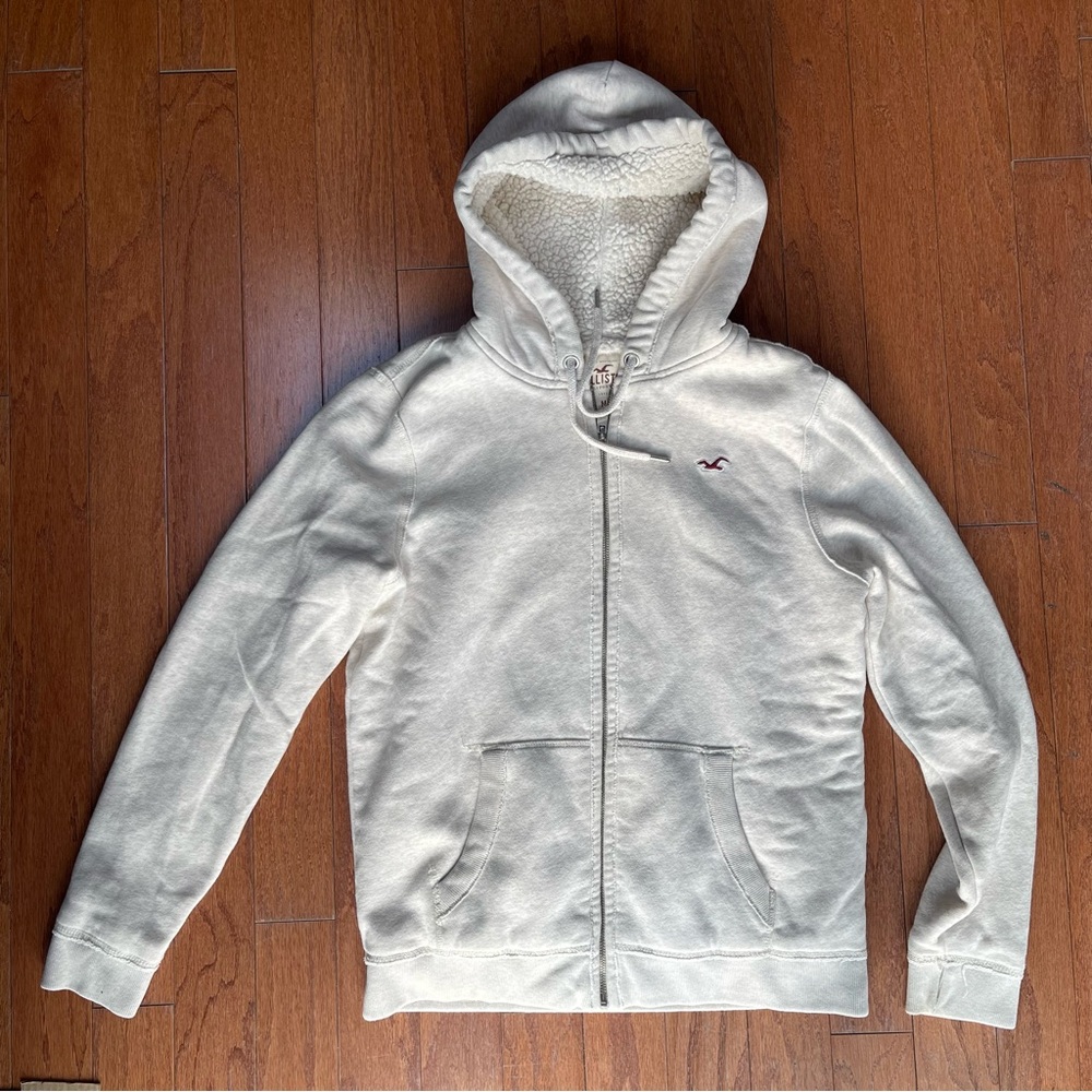 Hollister Sherpa-Lined Front Zip Hoodie Jacket Size Medium Cream